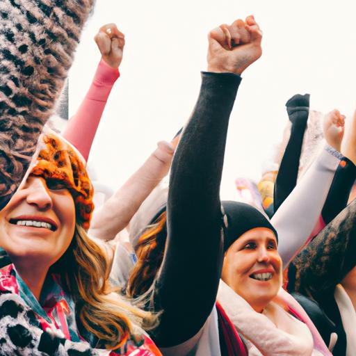 Một nhóm phụ nữ hô khẩu hiệu và giơ nắm đấm trong cuộc diễn hành Women's March