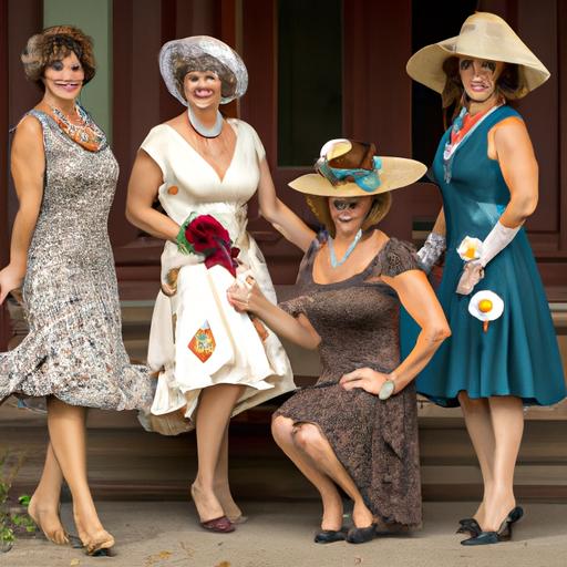 Nhóm phụ nữ mặc váy và nón theo phong cách retro chụp hình trước tòa nhà cổ.