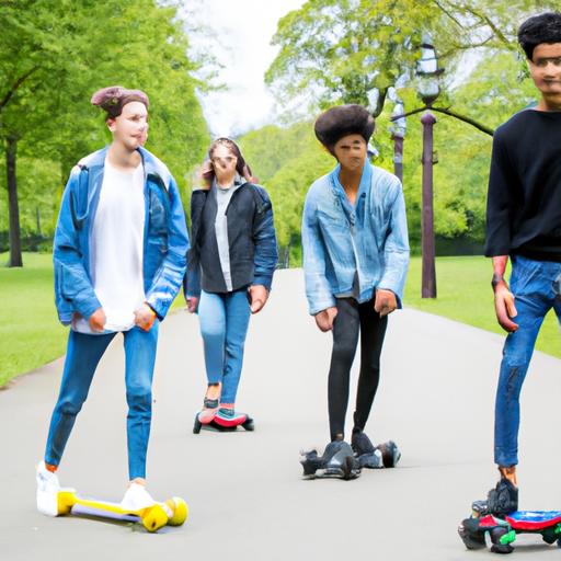 Một nhóm thanh niên đang cưỡi skateboard điện trong công viên