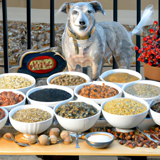 Những loại hạt khác nhau được trưng bày trong các tô với một chú chó vui vẻ ở gần.