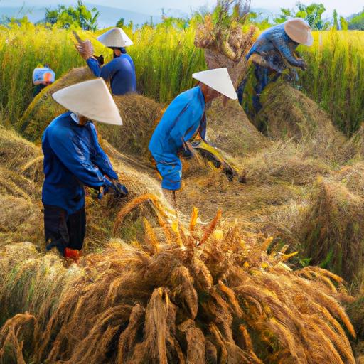 Nhóm nông dân thu hoạch lá nếp tươi trong ruộng lúa