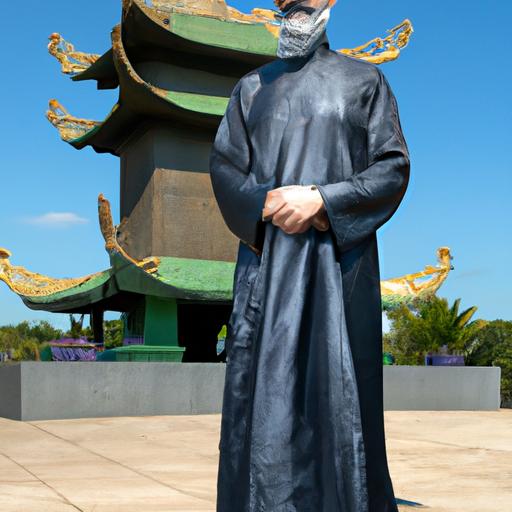 Ông lão đang mặc áo dài Việt Nam trước tượng Nguyễn Du, tác giả của Truyện Kiều.