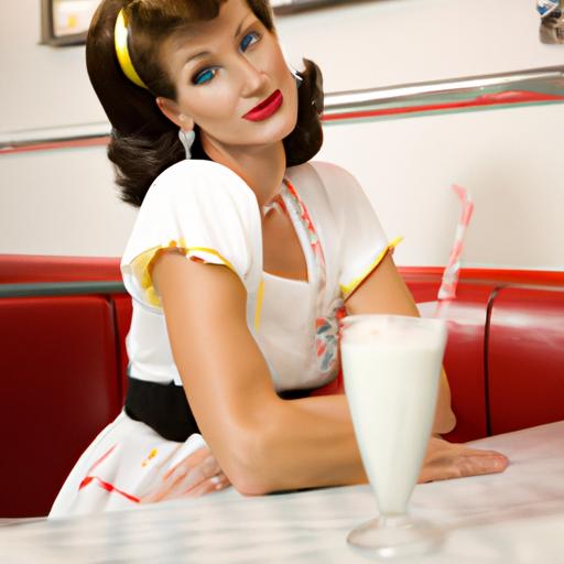 Phụ nữ trong phong cách retro ngồi tại quầy bar uống sữa chua.