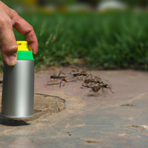 Phun thuốc diệt kiến trực tiếp lên nhóm kiến trong sân.