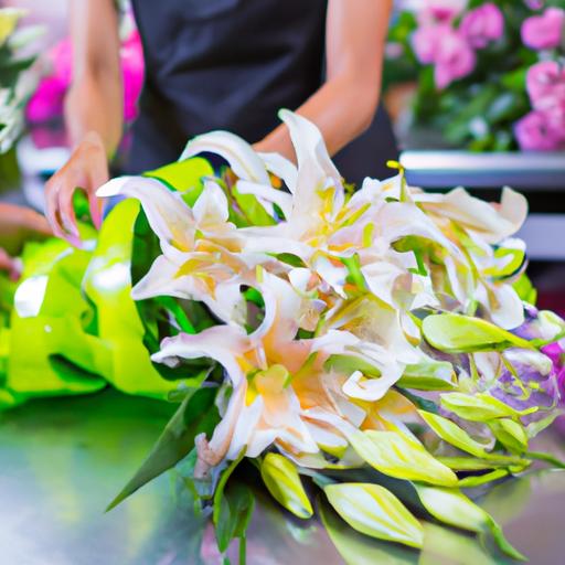 Nhân viên cửa hàng hoa sắp xếp bó hoa ly đẹp mắt