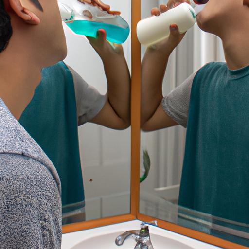 Sử dụng nước muối súc miệng đúng cách: người dùng sử dụng nước muối trước gương