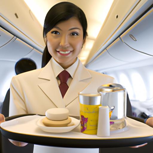 Tiếp viên hàng không phục vụ thức ăn và đồ uống trên chuyến bay của Singapore Airlines
