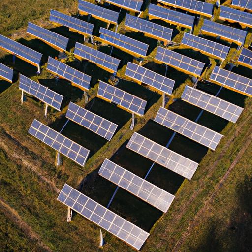 Khung cảnh từ trên cao của một trang trại pin năng lượng mặt trời với các loại giá đỡ khác nhau cho tấm pin