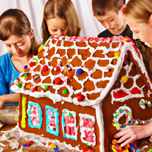 Một nhóm trẻ em vui chơi trang trí một ngôi nhà bằng bánh gừng lớn với kem và kẹo.