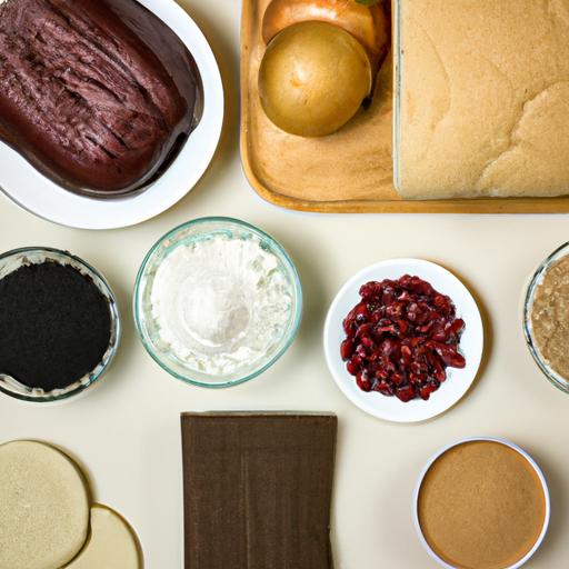 Nhiều sản phẩm được làm từ bột đậu đỏ và cám gạo như bánh mì, bánh kem hay mì sợi. Hình ảnh thể hiện được sự đa dạng của các thành phần trong ẩm thực.