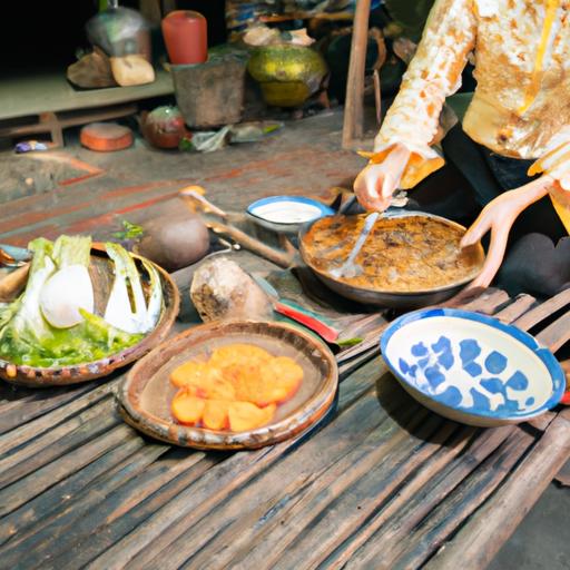 Người phụ nữ khéo léo chuẩn bị các nguyên liệu cho món kho thịt mắm ruốc trong căn bếp Việt truyền thống