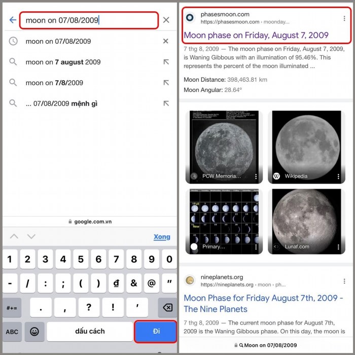 Cách xem mặt trăng ngày sinh qua Google là sử dụng tính năng 