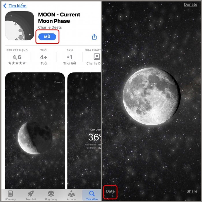 Moon - Current Moon là một ứng dụng giúp người dùng xem thông tin về mặt trăng, bao gồm cả cách xem mặt trăng ngày sinh. Ứng dụng cung cấp các thông tin chi tiết về mặt trăng như giai đoạn, độ cao, độ sáng, thời gian mọc/lặn và các sự kiện liên quan đến mặt trăng.