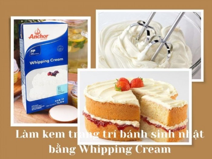 Cách làm kem trang trí bánh sinh nhật bằng Whipping Cream rất đơn giản, chỉ cần đánh đều kem với đường và vani sau đó bôi lên bánh, tạo nên lớp kem mịn màng và ngọt ngào. Kem Whipping Cream cũng có thể được trang trí thêm với các loại quả và đường phèn để tăng thêm hương vị và độ bắt mắt cho bánh.