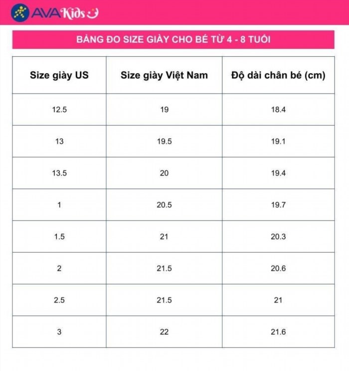 Bảng đo size giày trẻ em từ 4 - 8 tuổi sẽ giúp bạn chọn được đúng kích cỡ giày cho trẻ, tránh tình trạng giày quá chật hoặc quá rộng gây khó chịu khi đi lại.