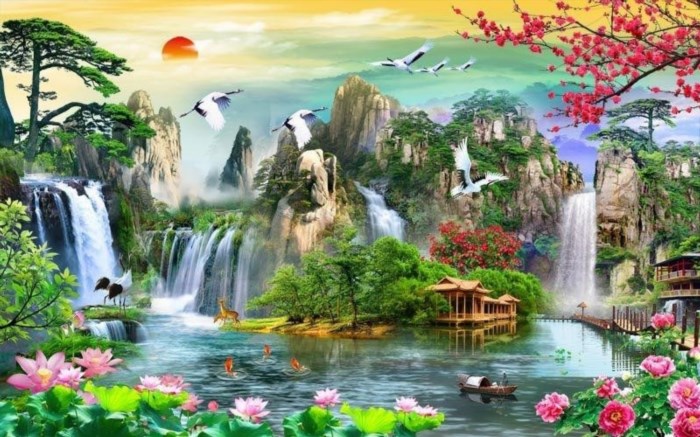 Tranh Sơn Thủy Hữu Tình là một trong những bức tranh nổi tiếng nhất của nghệ thuật dân gian Trung Quốc, miêu tả cảnh tình nhân đang ngồi bên bờ suối trong một khu vườn rộng lớn, với nét vẽ tinh tế và màu sắc tươi sáng.