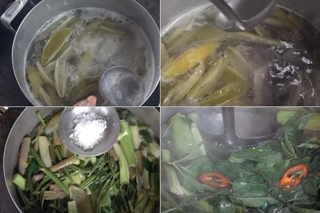 Quy trình chế biến canh chua từ rau muống và khế cùng với cá rô đồng. Hình ảnh từ kênh Youtube của Cô Ba Miền Tây.