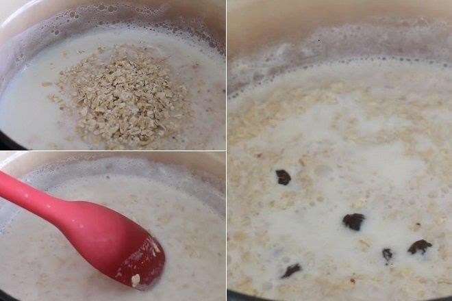 Hướng dẫn nấu cháo yến mạch với sữa tươi và nho khô để bé ăn sáng được trình bày trên kênh YT Emma Pham Kitchen.