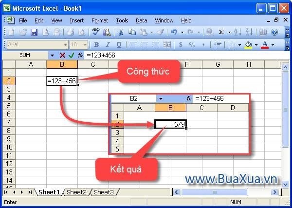 Cách tạo một biểu thức bằng các phép tính đơn giản trong Excel 2003.