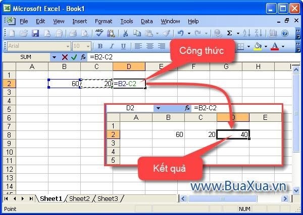 Cách tạo một thức tính đơn giản trừ giá trị của hai ô trong Excel 2003.