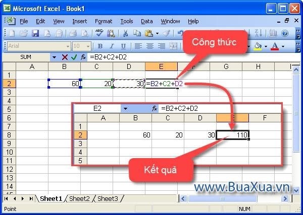 Cách tạo một thao tác đơn giản tính giá trị của nhiều ô trong Excel 2003.