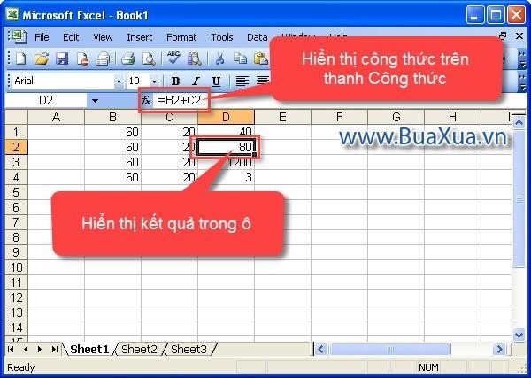 Công thức được sử dụng trong bảng tính Excel phiên bản năm 2003.