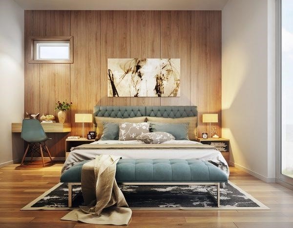 Phòng ngủ được thiết kế tinh tế với phần đầu giường và phần sàn, thảm màu tối kết hợp với màu xanh ngọc giúp căn phòng trở nên đẹp đẽ và thanh thoát.