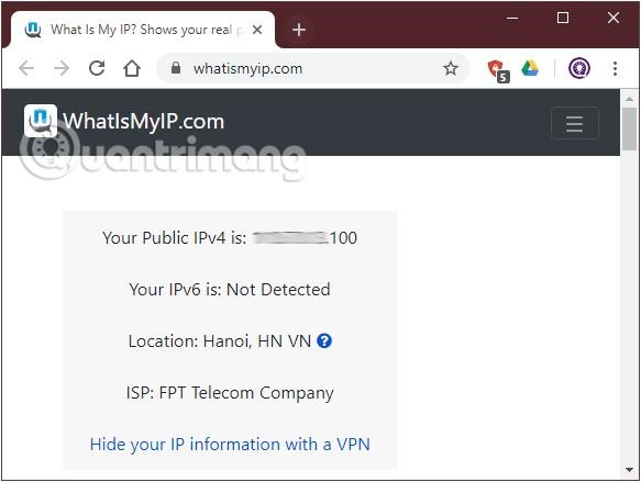 Tìm địa chỉ IP công khai trên trang web whatismyip.com.