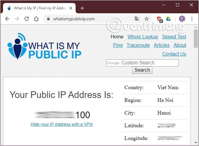 Tìm IP public bằng trang web whatismypublicip.com.