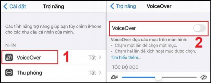 Để tắt tính năng VoiceOver trên thiết bị của mình, bạn có thể vào phần Cài đặt và tìm kiếm mục VoiceOver. Sau đó, chọn Tắt để vô hiệu hóa tính năng này trên thiết bị của bạn.