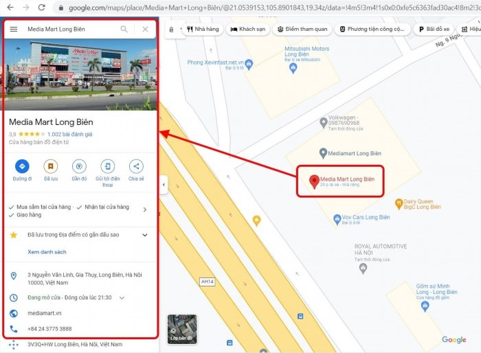 Sau khi được Google phê duyệt, kết quả tìm kiếm địa điểm doanh nghiệp trên Google Map sẽ hiển thị các thông tin chính xác và đáng tin cậy về vị trí, địa chỉ, số điện thoại, website và đánh giá của khách hàng.