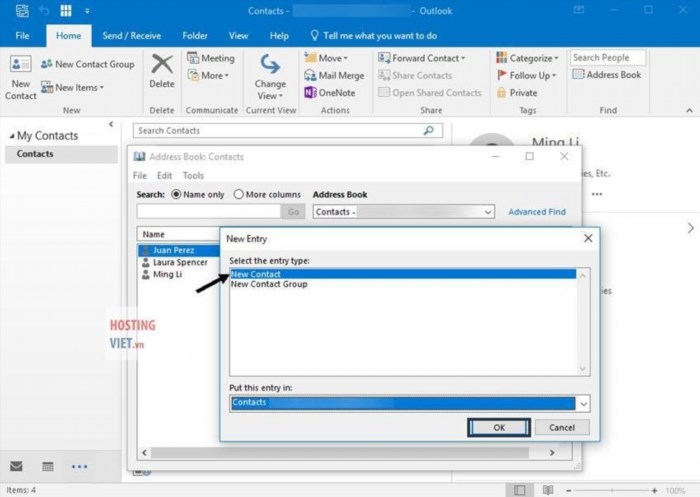 Cách 2 để thêm liên hệ vào MS Outlook là từ cửa sổ địa chỉ, bạn có thể thực hiện thao tác này một cách dễ dàng và nhanh chóng. Việc thêm liên hệ sẽ giúp bạn quản lý thông tin liên lạc một cách hiệu quả hơn trong quá trình làm việc và giao tiếp hàng ngày.