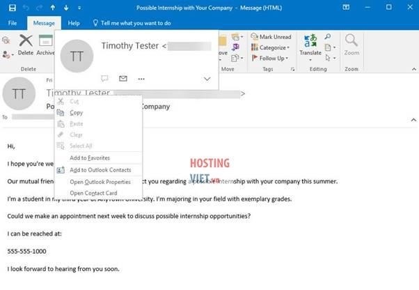 Cách 1 để thêm liên hệ vào Outlook từ một địa chỉ email người nhận là sử dụng tính năng 