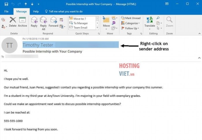 Cách 1 để thêm liên hệ vào Outlook từ một địa chỉ email người nhận là sử dụng tính năng 