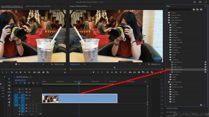 Bạn có thể lật Video trong Premiere bằng chức năng Horizontal Flip, giúp đảo ngược hình ảnh và tạo hiệu ứng độc đáo cho sản phẩm của bạn.