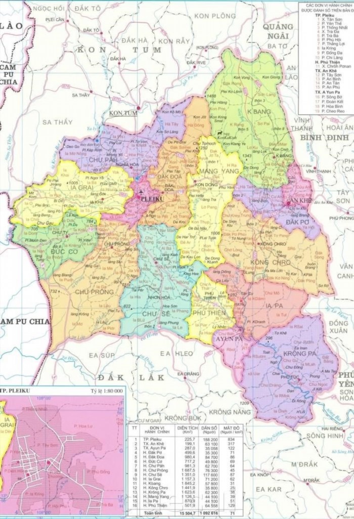Bản đồ chi tiết về các xã, huyện, thành phố trong tỉnh Gia Lai.
