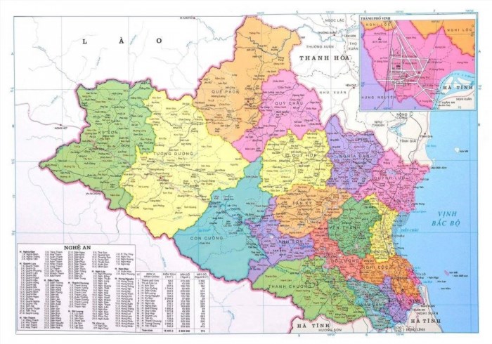 Bản đồ chính quyền của các khu vực xã, huyện và thành phố trên lãnh thổ của tỉnh Nghệ An vào năm 2023.
