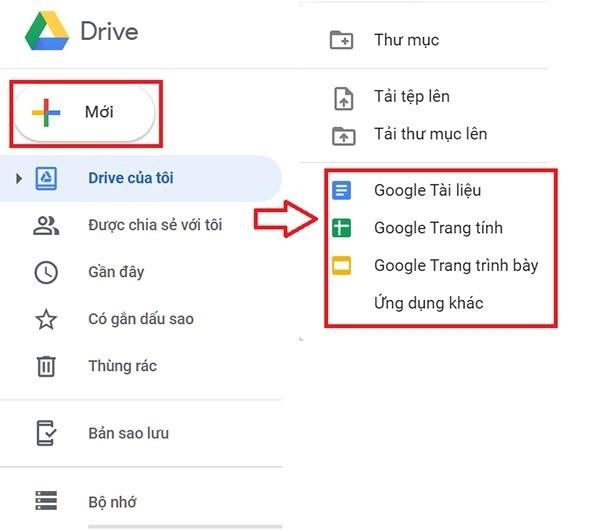 Bạn có thể tạo tập tin hoặc tài liệu mới trên Google Drive bằng cách vào trang chủ của nó và chọn 